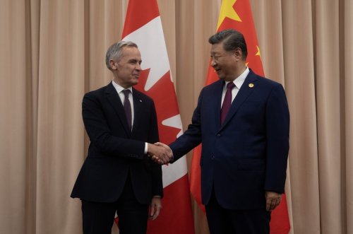 Prime Minister Mark Carney shakes hands with Chinese President Xi Jinping at the start of a meeting in Gyeongju, Friday, Oct. 31, 2025. THE CANADIAN PRESS/Adrian Wyld