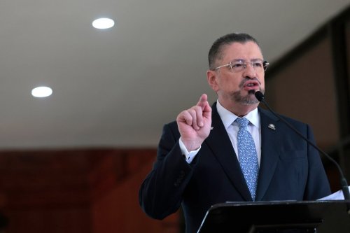 FILE - Costa Rican President Rodrigo Chaves gives a joint news conference with U.S. Homeland Security Secretary Kristi Noem at the presidential palace in San Jose, Costa Rica, June 25, 2025. (Anna Moneymaker/Pool Photo via AP, File)