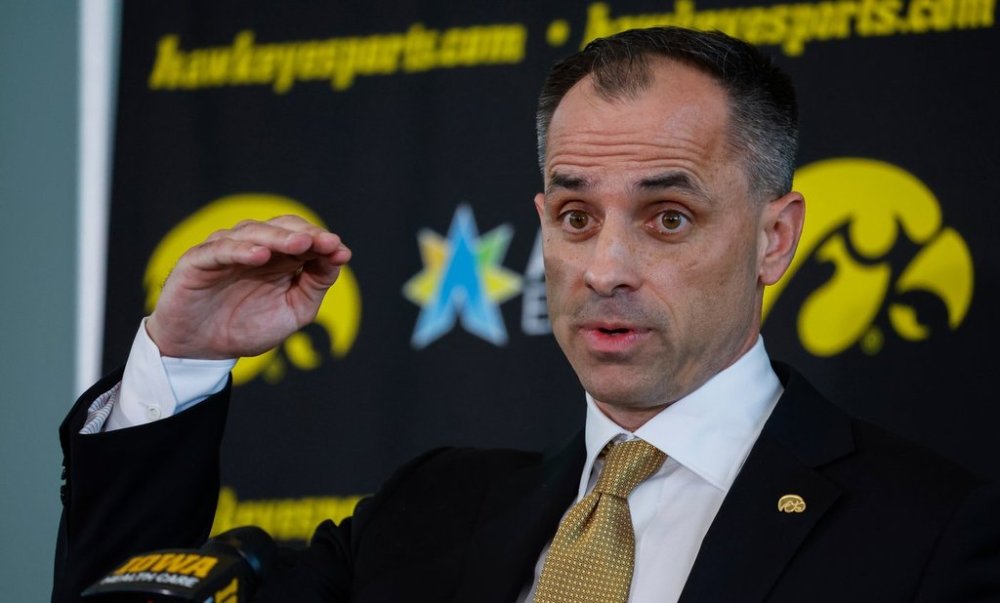 FILE - New Iowa men's basketball head coach Ben McCollum speaks during a news conference at Carver-Hawkeye Arena in Iowa City, Iowa, March 25, 2025. (Jim Slosiarek/The Gazette via AP, File)