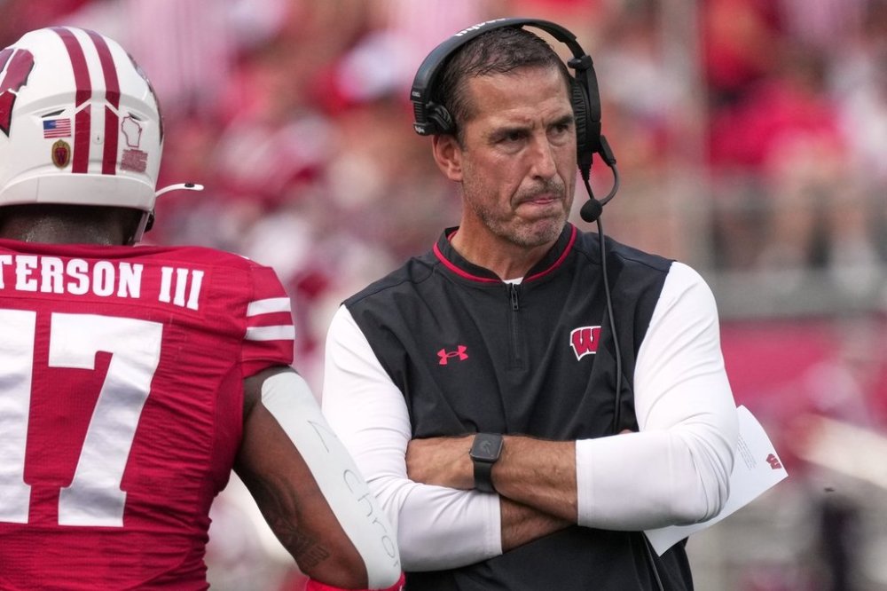 Wisconsin head coach Luke Fickell watches during the first half of an NCAA college football game against the Ohio State Saturday, Oct. 18, 2025, in Madison, Wis. (AP Photo/Morry Gash)