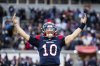 Montreal Alouettes quarterback Davis Alexander (10) celebrates during second half Eastern semifinal action against the Winnipeg Blue Bombers, in Montreal on Saturday, Nov. 1, 2025. THE CANADIAN PRESS/Christopher Katsarov