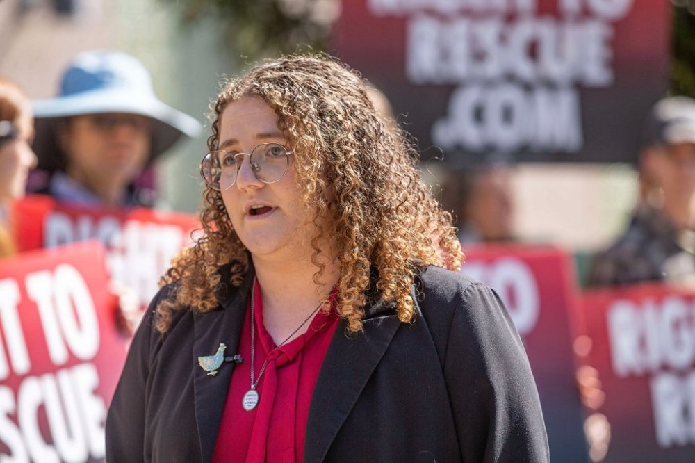 Animal rights activist Zoe Rosenberg talks to reporters outside the Sonoma County Superior Courthouse before her preliminary hearing May 3, 2024, in Santa Rosa, Calif. (Chad Surmick/The Press Democrat via AP)