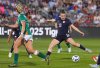 FILE - USA womens' national team midfielder Olivia Moultrie shoots the ball as Republic of Ireland defends in the second half of an international friendly soccer match June 26, 2025, in Commerce City, Colo. (AP Photo/David Zalubowski, File)