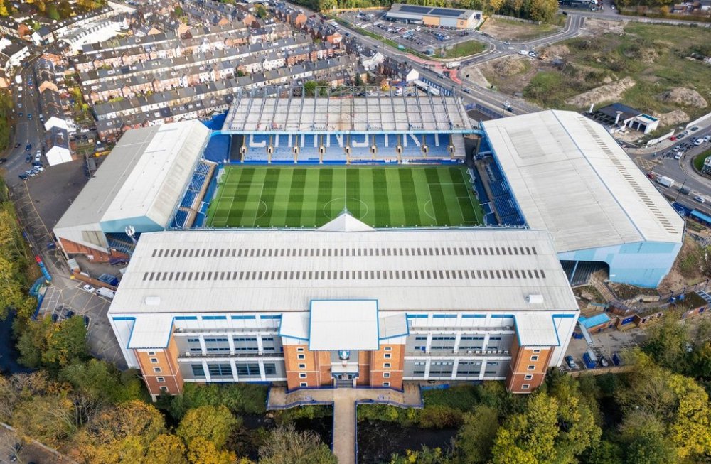 A general view of Hillsborough, home of Sheffield Wednesday, after it was announced they were going into administration, in Sheffield, England, Friday, Oct. 24, 2025. (Danny Lawson/PA via AP)