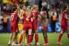 Canada players react after losing a women's quarterfinal soccer match against Germany at the 2024 Summer Olympics, Saturday, Aug. 3, 2024, at Marseille Stadium in Marseille, France. (AP Photo/Daniel Cole)