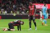 AC Milan's Alexis Saelemaekers reacts after a miss during the Serie A soccer match between AC Milan and Pisa in Milan, Italy, Friday, Oct. 24, 2025. (AP Photo/Antonio Calanni)