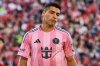 FILE - Inter Miami's Luis Suarez (9) reacts after missing a scoring opportunity against Toronto FC during the second half of a MLS soccer game, Saturday, Sept. 27, 2025, in Toronto. (Sammy Kogan/The Canadian Press via AP, File)