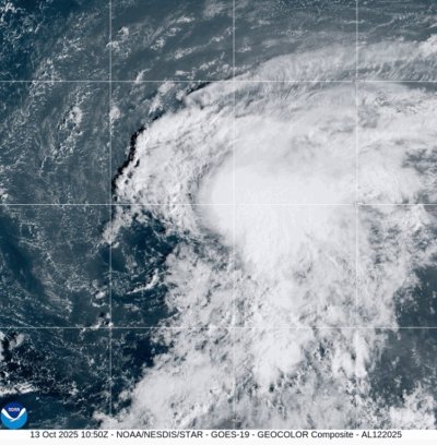 This satellite image provided by the National Oceanic and Atmospheric Administration (NOAA) shows Tropical Storm Lorenzo in the Atlantic Ocean, Monday, Oct. 13, 2025. (NOAA via AP)