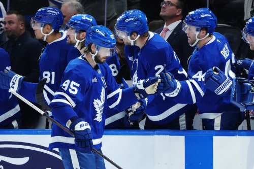 Toronto Maple Leafs' Oliver Ekman-Larsson (95) celebrates his goal against the Nashville Predators during first period NHL hockey action in Toronto on Tuesday, October 14, 2025. THE CANADIAN PRESS/Nathan Denette