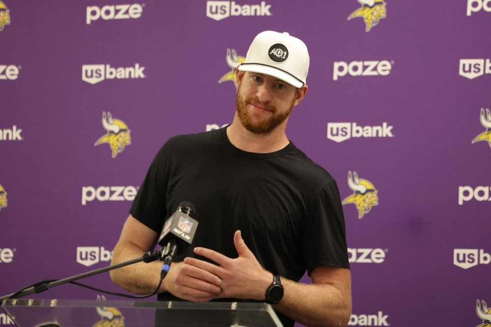 Minnesota Vikings quarterback Carson Wentz answers questions after an NFL football game against the Los Angeles Chargers Thursday, Oct. 23, 2025, in Inglewood, Calif. (AP Photo/Jessie Alcheh)