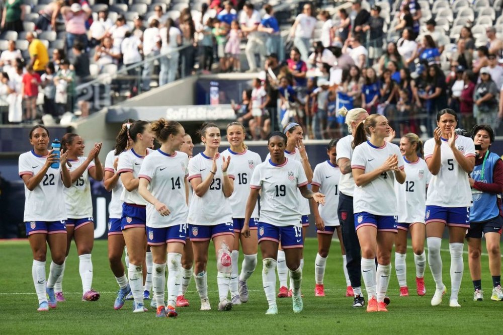 FILE - United States players acknowledge fans as they celebrate the team's win against Brazil in a women's international friendly soccer match in Inglewood, Calif., April 5, 2025. (AP Photo/Jae C. Hong, File)