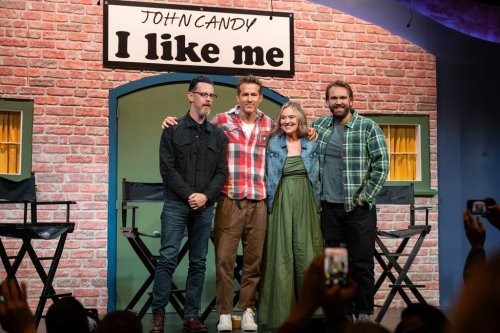 Director Colin Hanks, producer Ryan Reynolds, and John Candy’s children Jennifer and Christopher Candy pose for a photo at a press conference for the film John Candy: I Like Me, prior to the film’s premiere, at the Toronto International Film Festival, in Toronto on Thursday, September 4, 2025. THE CANADIAN PRESS/Arlyn McAdorey