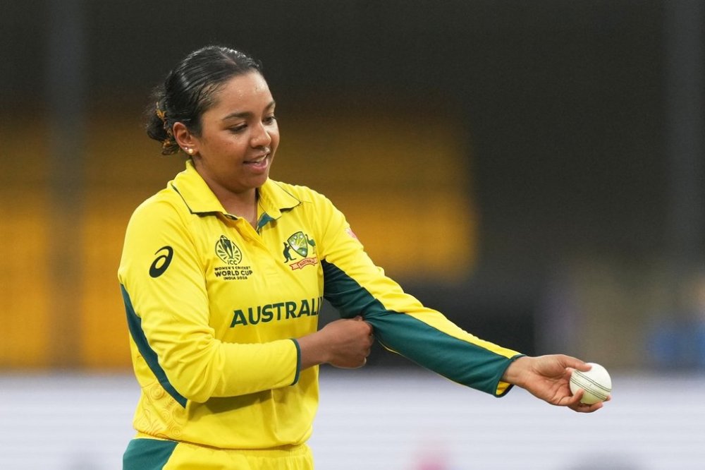 Australia's Alana King gestures during the ICC Women's Cricket World Cup match between Australia and South Africa in Indore, India, Saturday, Oct. 25, 2025. (AP Photo/Ajit Solanki)