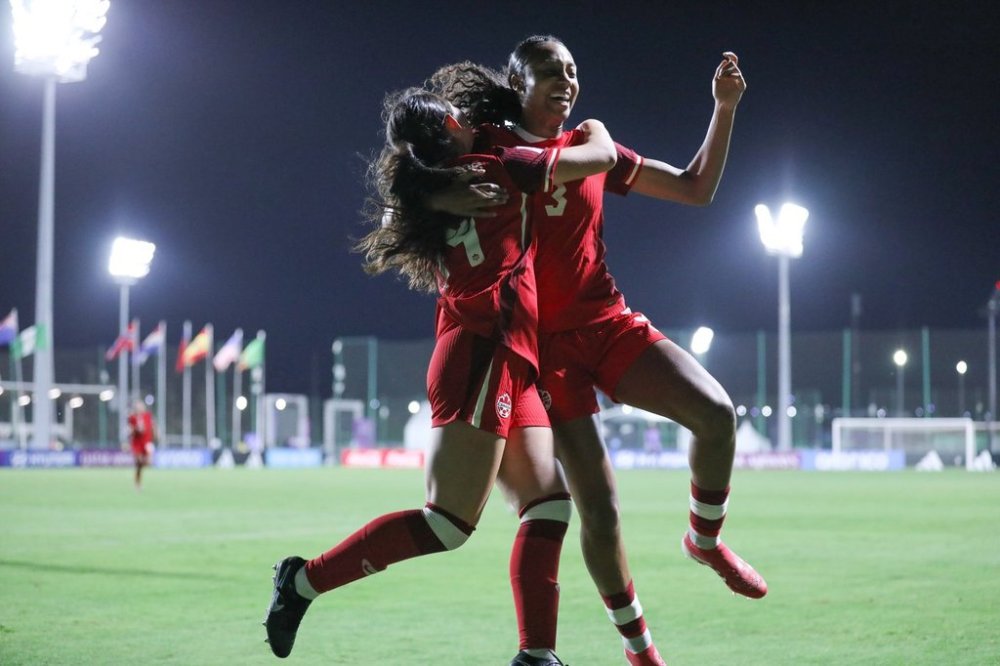 Daniela Feria-Estrada (left) and Mya Angus (right) celebrate a goal in Canada's 6-0 win over Zambia in round-of-16 play at the FIFA Women's U-17 World Cup in Sale, Morocco in this Wednesday, Oct. 29, 2025 handout photo. THE CANADIAN PRESS/Handout - Canada Soccer/Audrey Magny (Mandatory Credit)