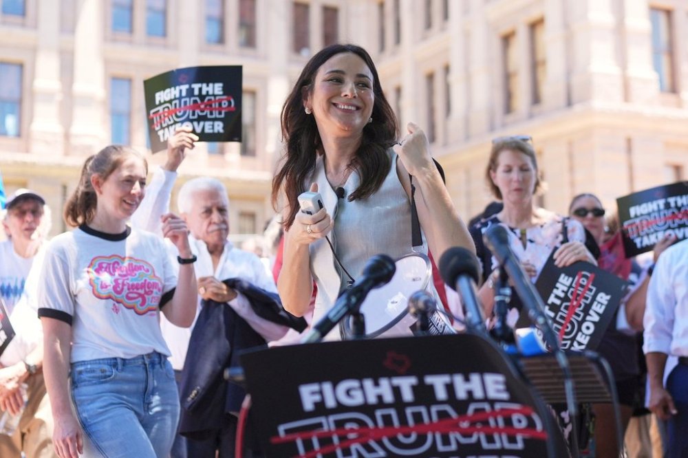 FILE - Texas state Rep Gina Hinojosa speaks during a rally to protest against redistricting hearings at the Texas Capitol, July 24, 2025, in Austin, Texas. (AP Photo/Eric Gay, File)