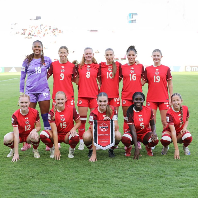 The Canadian team poses before their quarterfinal against Brazil at the FIFA Women's U-17 World Cup at Olympic Stadium in Rabat, Morocco, in a Nov. 1, 2025, handout photo. THE CANADIAN PRESS/Handout - Canada Soccer, Audrey Magney (Mandatory Credit)