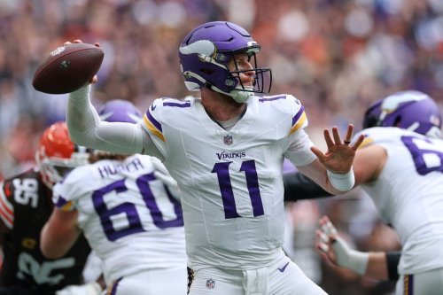 Minnesota Vikings quarterback Carson Wentz (11) passes the ball during the first half of the NFL game between Minnesota Vikings and Cleveland Browns at the Tottenham Hotspur stadium in London, Sunday, Oct. 5, 2025. (AP Photo/Ian Walton)