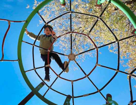 Navigating the web: Four-year-old Jacob Cramer makes his way up and around a giant web on a city play structure while hanging out at the park with his mom.