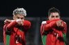 Morocco's Yassir Zabiri, left, celebrates with teammates Othmane Maamma after scoring his side's second goal against Argentina during the FIFA U-20 World Cup final soccer match in Santiago, Chile, Sunday, Oct. 19, 2025.(AP Photo/Andre Penner)