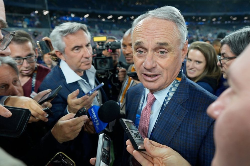 MLB commissioner Rob Manfred speaks prior to Game 2 of baseball's World Series between the Toronto Blue Jays and the Los Angeles Dodgers, Saturday, Oct. 25, 2025, in Toronto. (AP Photo/David J. Phillip)