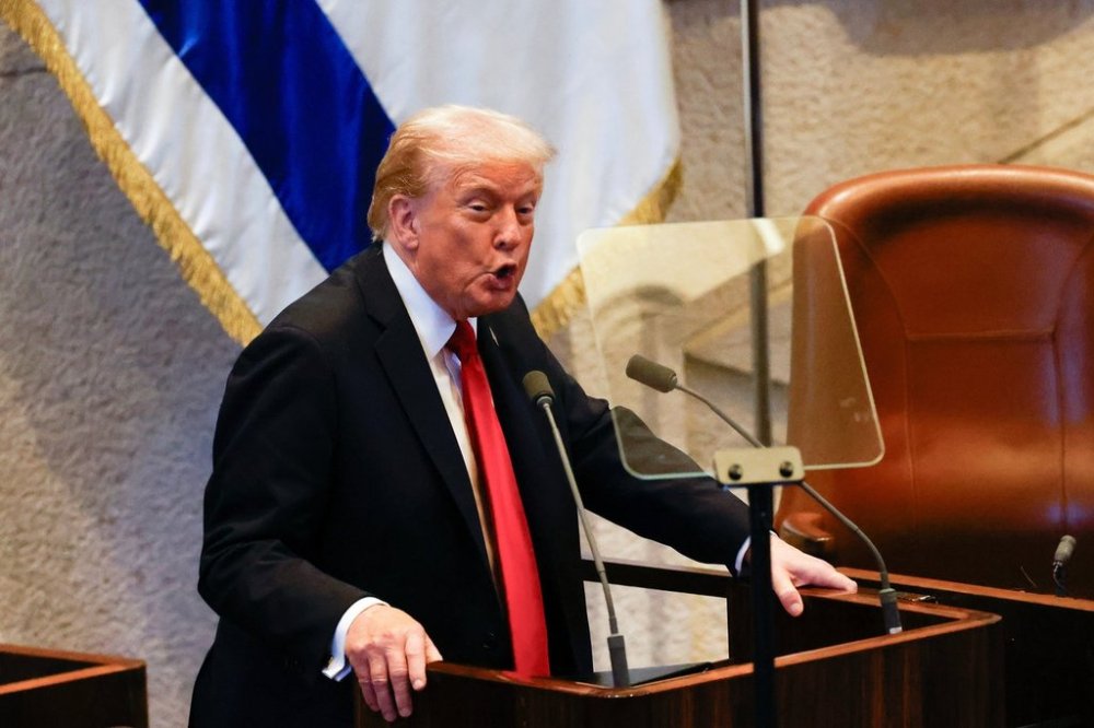 President Donald Trump addresses the Knesset, Israel's parliament, Monday, Oct. 13, 2025, in Jerusalem. (Jalaa Marey/Pool Photo via AP)