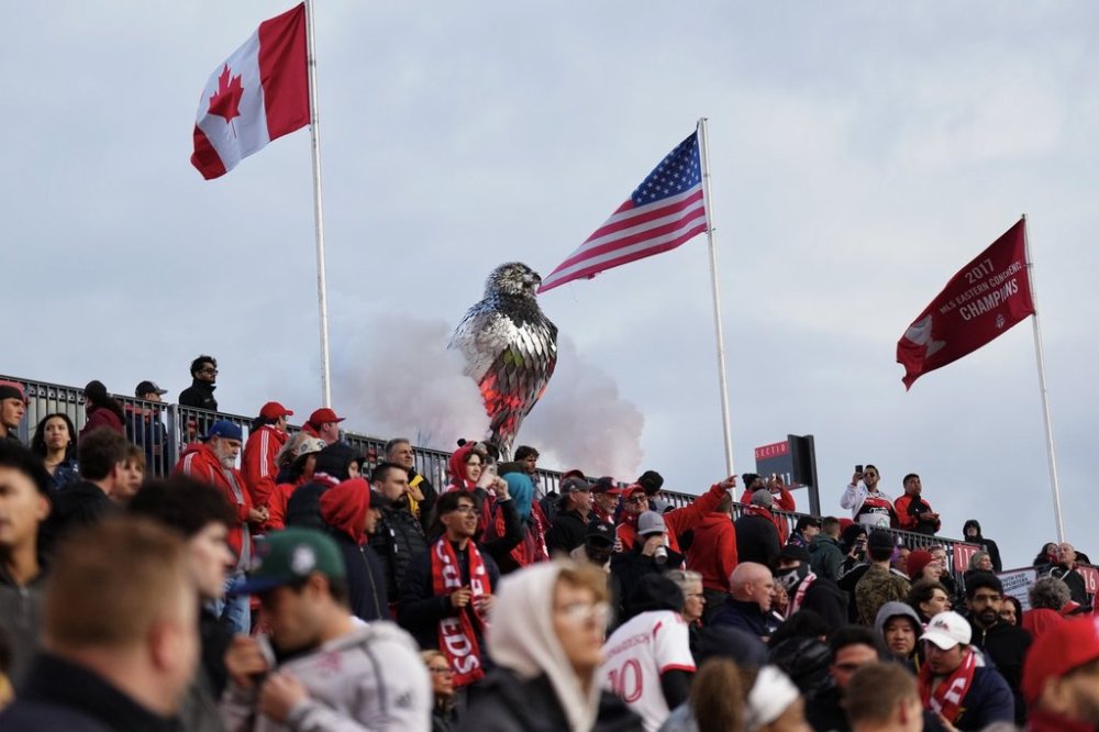 A giant metal statue of a hawk stands above supporters before Toronto FC take on SC Nashville in MLS action in Toronto, on Saturday May 24, 2025.THE CANADIAN PRESS/Chris Young