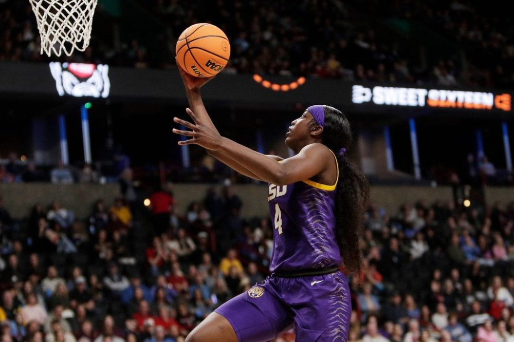FILE - LSU guard Flau'Jae Johnson shoots during the second half against North Carolina State in the Sweet 16 of the NCAA college basketball tournament, March 28, 2025, in Spokane, Wash. (AP Photo/Young Kwak, File)