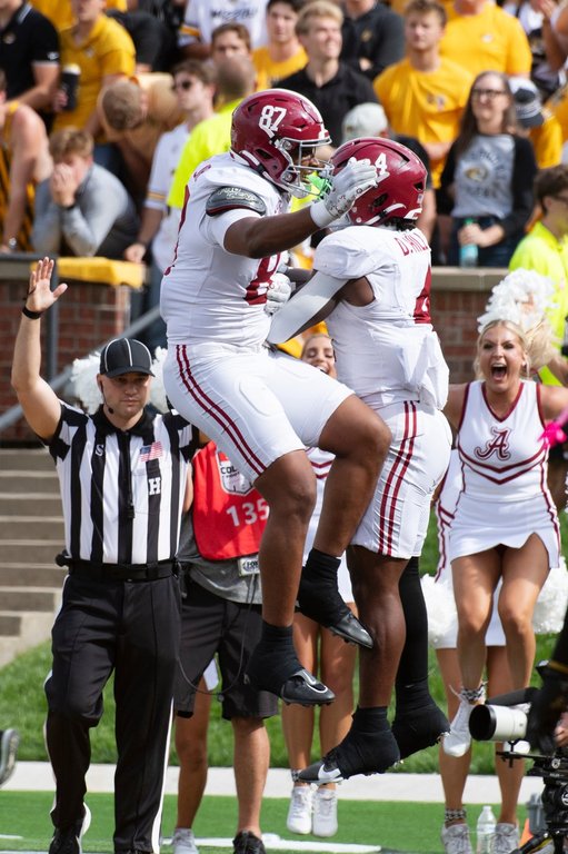 Alabama running back Daniel Hill, right, celebrates his touchdown with Danny Lewis Jr., (87) during the second half an NCAA college football game against Missouri, Saturday, Oct. 11, 2025, in Columbia, Mo. (AP Photo/L.G. Patterson)
