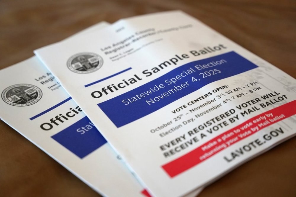 A sample ballot is pictured before early voting starts in California's statewide special election, Friday, Oct. 3, 2025, in Los Angeles. (AP Photo/Paula Ulichney-Munoz)