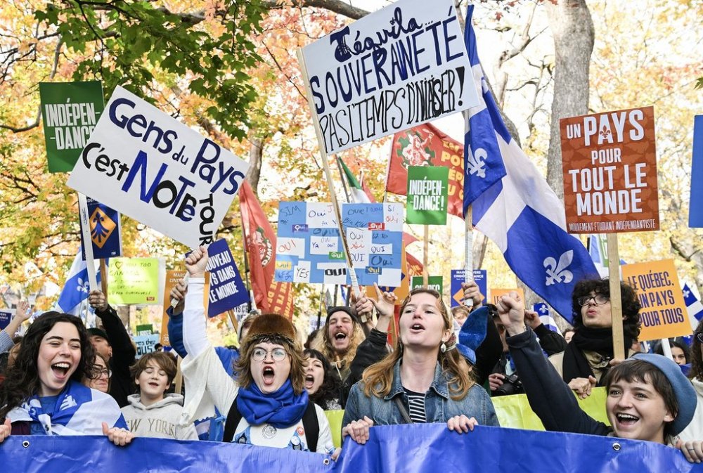 People participate in an independence rally in Montreal, Saturday, Oct. 25, 2025, to mark the 30th anniversary of the 1995 Quebec referendum. THE CANADIAN PRESS/Graham Hughes