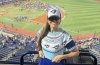 Karla Courtney is shown wearing the Toronto Blue Jays-themed sweater she's knitting during the playoff run as the Blue Jays celebrate their ALCS victory in Toronto in this Monday, Oct. 20, 2025 handout photo. THE CANADIAN PRESS/Handout - Karla Courtney (Mandatory Credit)