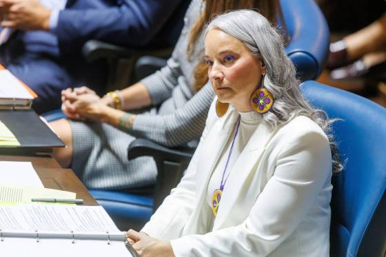 Nahanni Fontaine, minister of Families, takes her seat in the assembly chamber on the first day of the fall session of the 43rd legislature on Wednesday. (Mike Deal / Free Press)