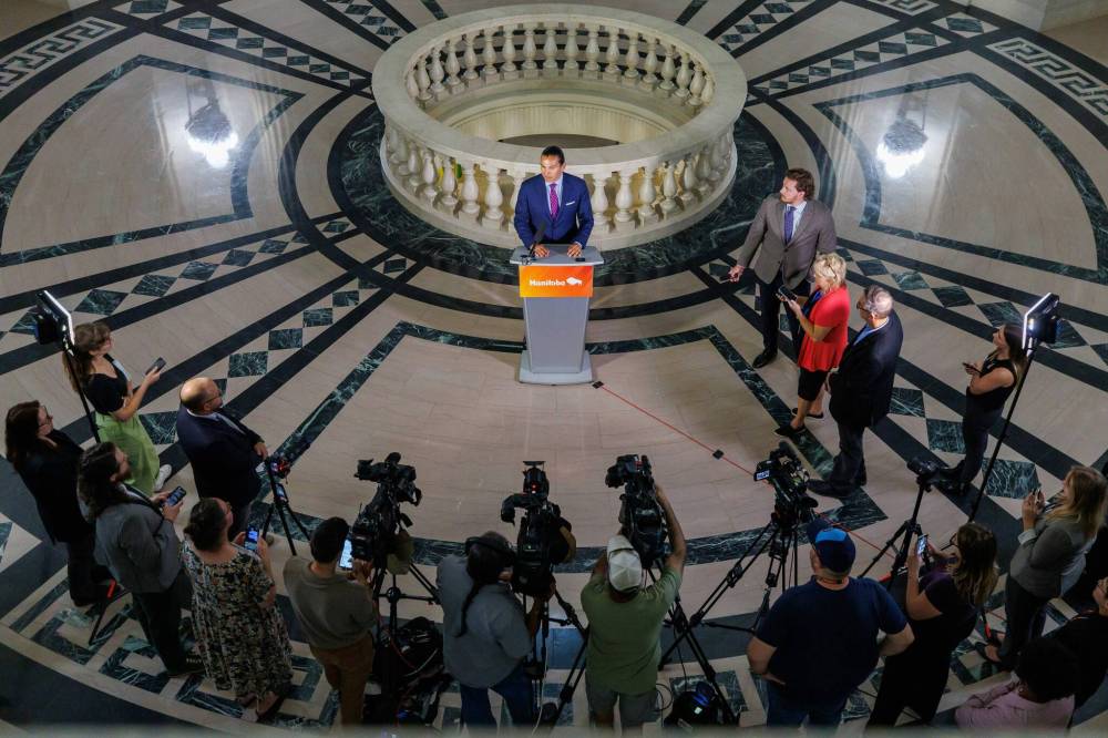 MIKE DEAL / FREE PRESS
Premier Wab Kinew speaks to the media after question period during the first day of the second session of the 43rd legislature.