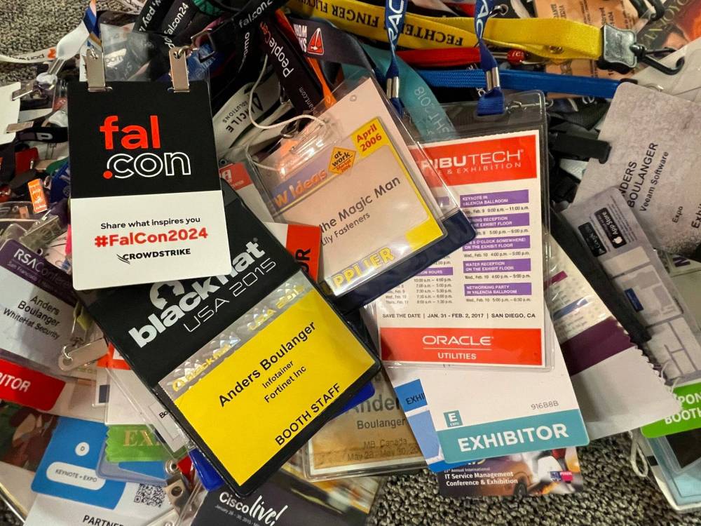 RUTH BONNEVILLE / FREE PRESS
‘The idea that we pay for ourselves is important,’ says Anders Boulanger, a keynote speaker and magician who runs marketing consultancy Engagify. The event lanyards in his Winnipeg office are proof of concept.