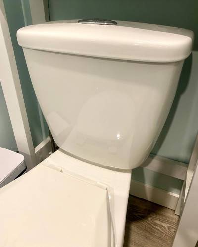 The kind of two-piece toilet that has a tank fastened to a base.