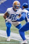 MIKE DEAL / FREE PRESS FILES
                                Winnipeg Blue Bombers running back Brady Oliveira (20) said the club is embracing the underdog role this season after hosting the Western final the last four post-seasons.
