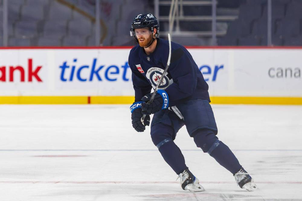 Jets winger Kyle Connor during practice at Canada Life Centre on Tuesday. His contract extension, announced Wednesday, will be the richest deal in Jets history. (Mike Deal / Free Press)