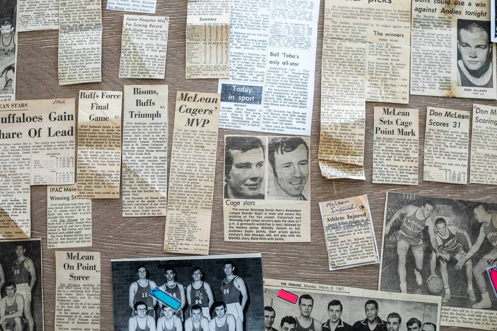 A spread of newspaper clippings covering McLean’s long basketball career.