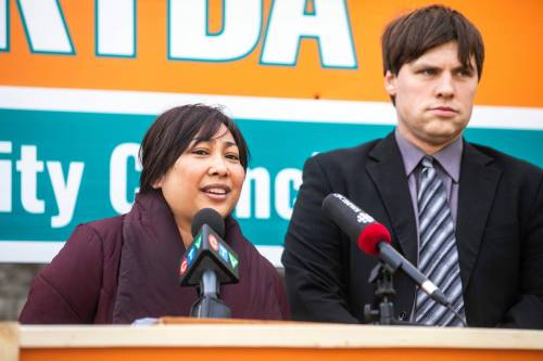 MIKAELA MACKENZIE / FREE PRESS
                                Chris Sweryda announces his candidacy for Elmwood-East Kildonan city councillor with Sarah Schreyer, wife of the late Elmwood-East Kildonan councillor Jason Schreyer, on Thursday.