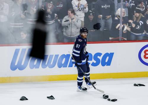 JOHN WOODS / THE CANADIAN PRESS
                                Fans at Canada Life Centre got to rock out to Rev Theory’s Hell Yeah — Winnipeg Jets sniper Kyle Connor’s goal song — three times Thursday night as the club’s $96 million man recorded his seventh career hat trick.