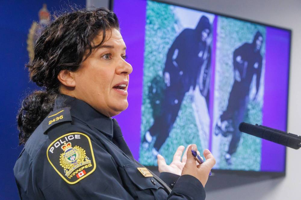MIKE DEAL / FREE PRESS WPS Cst. Dani McKinnon during a press conference where they released images of a suspect in a shooting that occurred mid-day on Saturday, October 2, in the 600 block of Maryland Street. The victim was taken to hospital in critical condition with life-altering injuries. He has since been upgraded to stable condition, the Winnipeg Police Service said in a news release. Reporter: Erik Pindera 251014 - Tuesday, October 14, 2025.