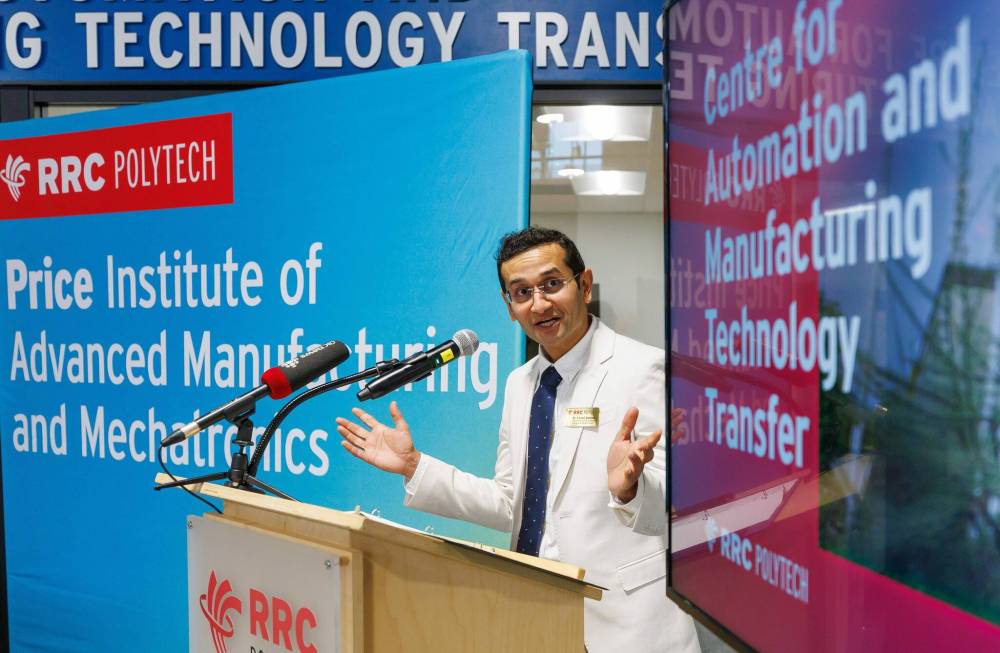 MIKE DEAL / FREE PRESS
Price Institute director Vikram Banthia at the Thursday unveiling of the new Centre for Automation and Manufacturing Technology Transfer at RRC Polytech’s Notre Dame Campus.