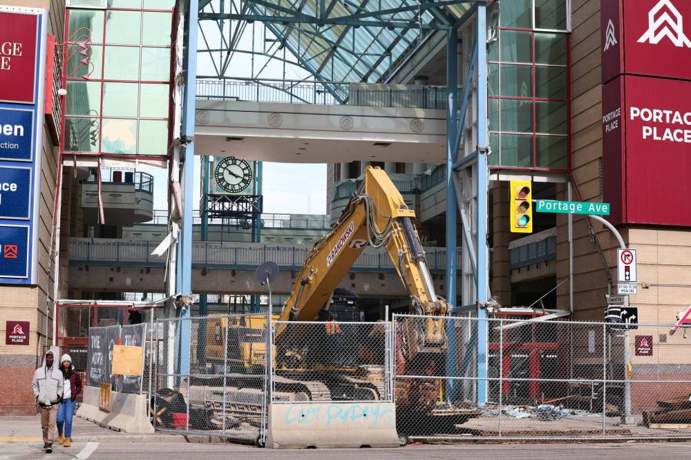 The glass wall in the atrium area of Portage Place has been removed as major renovations are underway. (Ruth Bonneville / Free Press)
