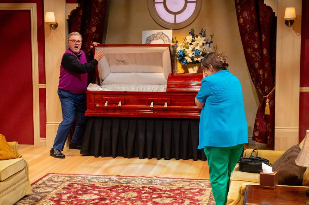 Dylan Hewlett photo
Mavis (Mariam Bernstein, right, with Cory Wojcik as Frank) decides the only way to bury family feuds is to fake her own death.