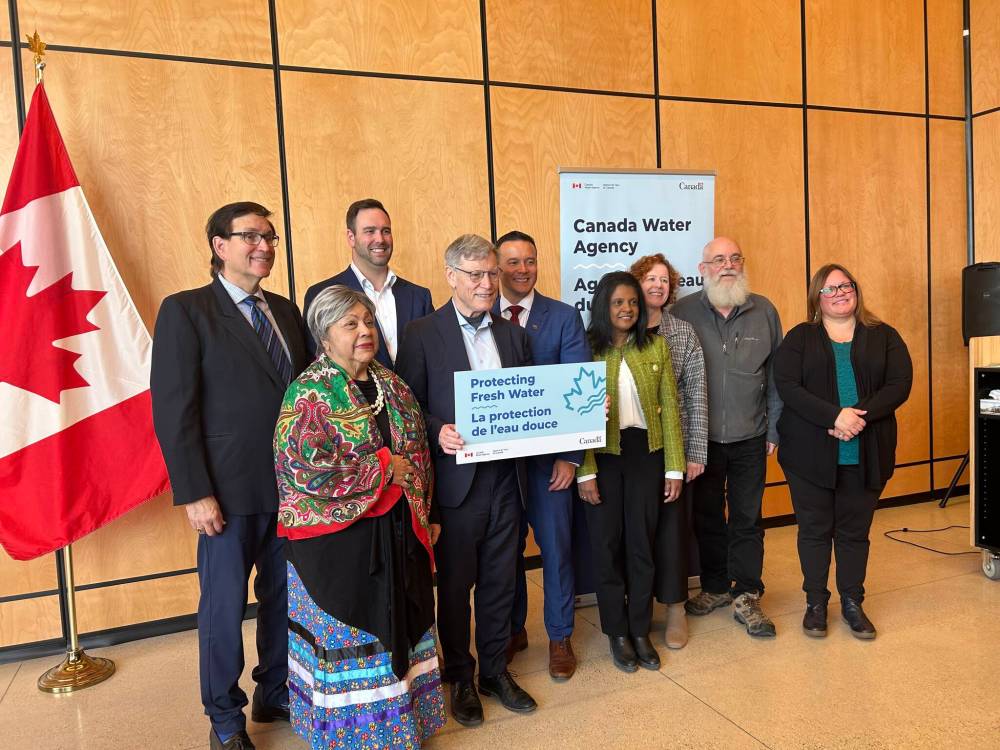 Politicians, scientists and stakeholders gathered at FortWhyte Alive Saturday morning to celebrate the Canada Water Agency funding announcement. (Tyler Searle / Free Press)