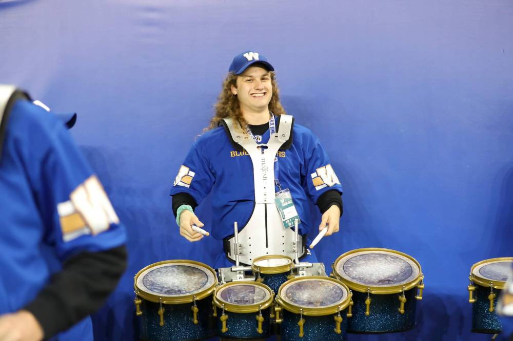 Blue Bombers drumline captain Wyatt King, 26, playing tenor drums (Brook Jones / Free Press)