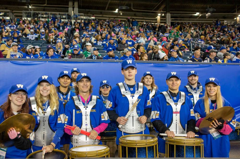 The Winnipeg Blue Bombers drumline has been appearing at home games for more than a decade.(Brook Jones / Free Press)