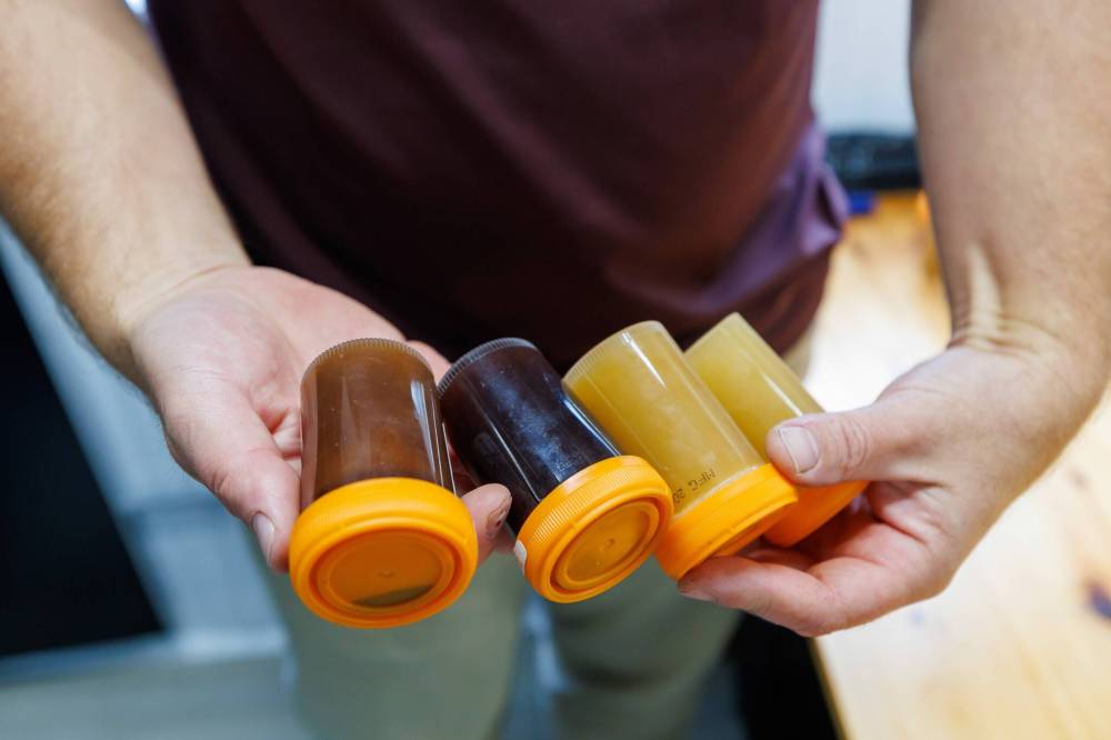 Mike Clark holds sample containers that were collected from bee hives set up in the area. The varied colour of the honey is a result of the type of flowers the bees are collecting from. (Mike Deal / Free Press)