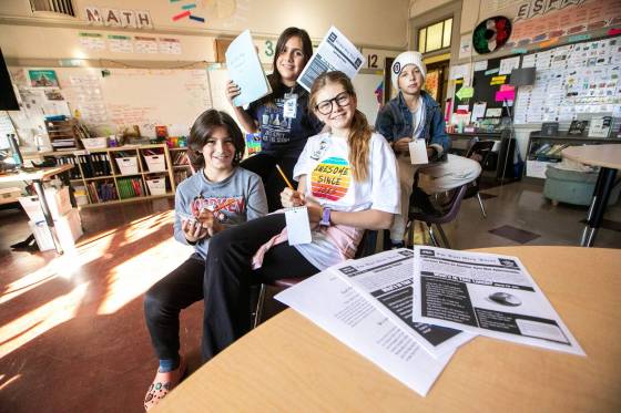 Earl Grey Press reporters Sebastian (from left), Isabel, Willow and James are on the beat at their school. (Mikaela MacKenzie / Free Press)