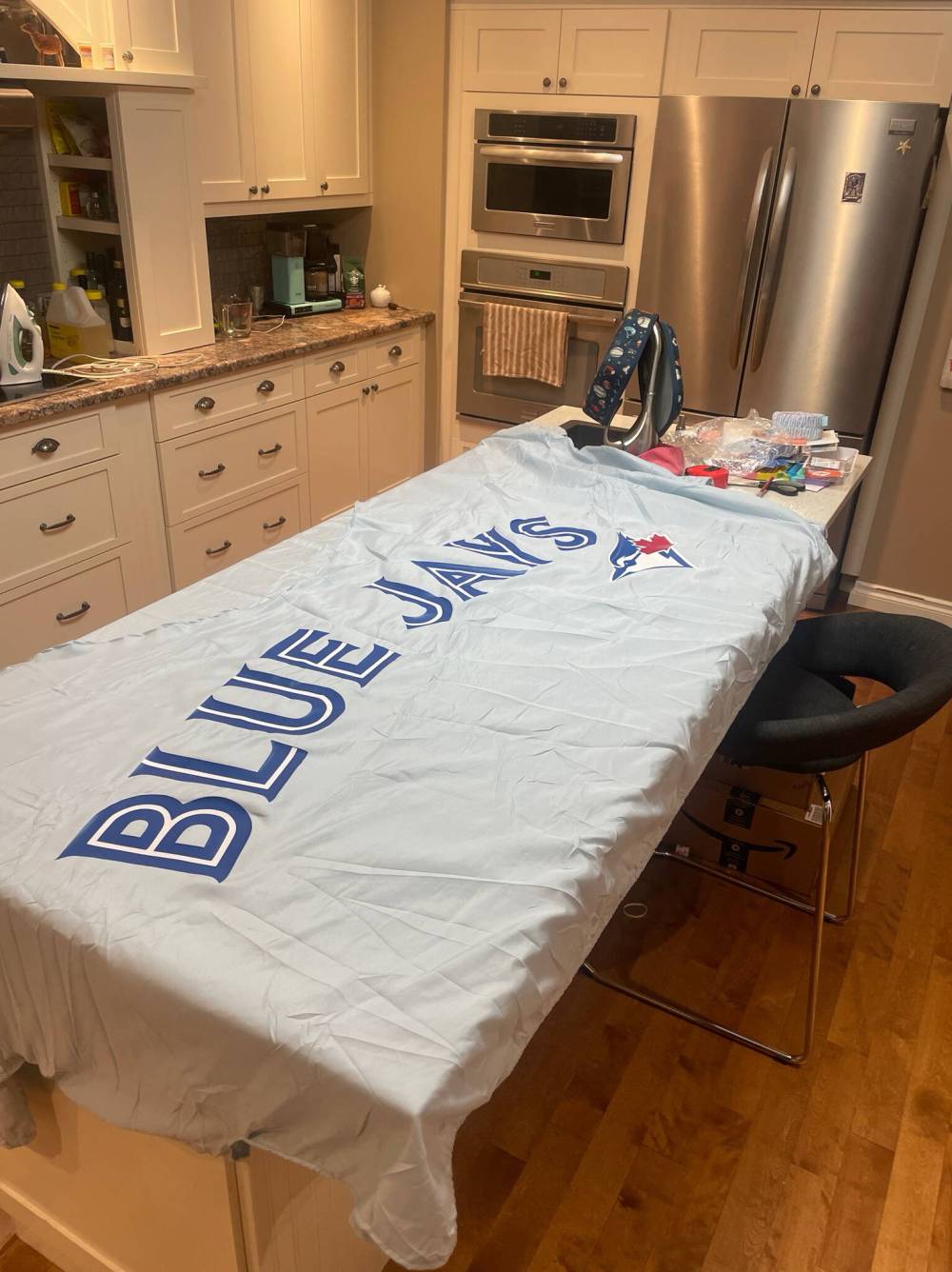 SUPPLIED
                                A king-size bed sheet was used to create the Jays jersey Santa wears.